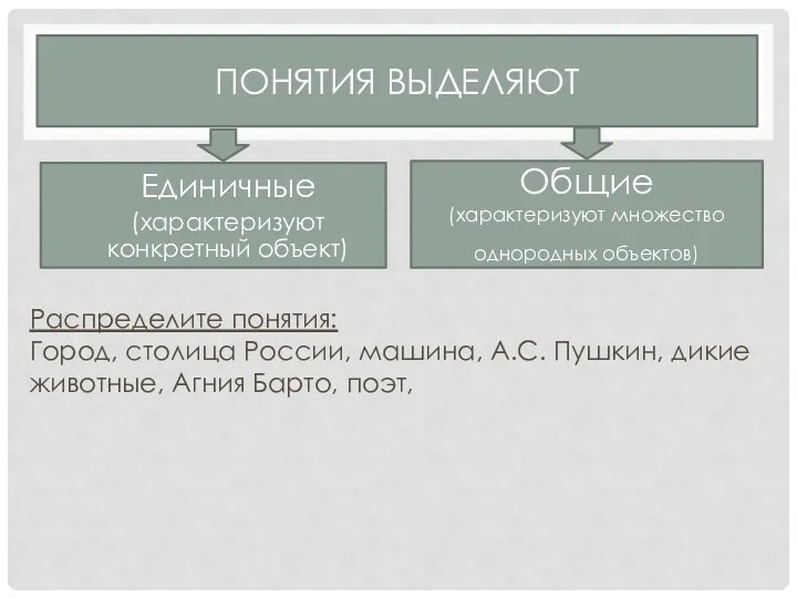 Понятия выделяют Единичные (характеризуют конкретный объект) Общие (характеризуют множество однородных