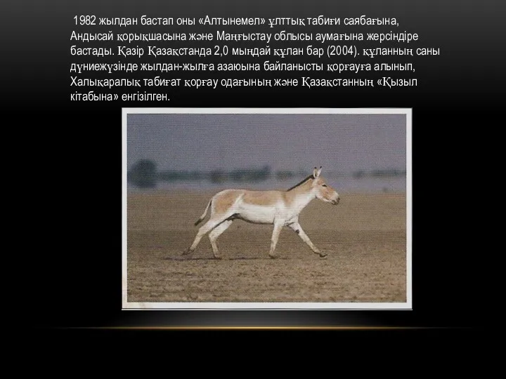 1982 жылдан бастап оны «Алтынемел» ұлттық табиғи саябағына, Андысай қорықшасына