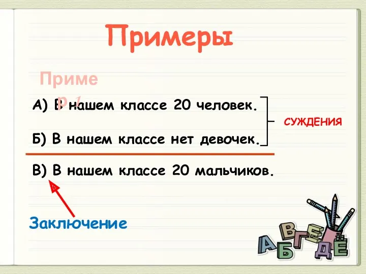 Примеры А) В нашем классе 20 человек. Б) В нашем классе нет девочек.