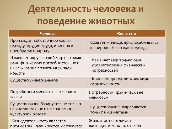 Деятельность человека и поведение животных Создает жилище, приспосабливаясь к природе.