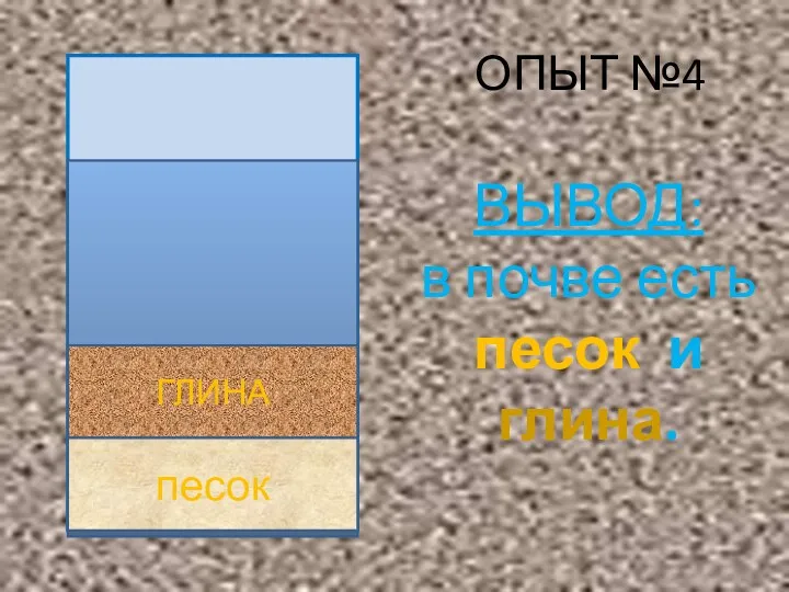 ОПЫТ №4 ВЫВОД: в почве есть песок и глина. ГЛИНА песок