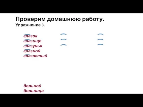 глазок глазище глазунья глазной глазастый больной больница болеть зубастый зубной зубок Проверим домашнюю работу. Упражнение 3.