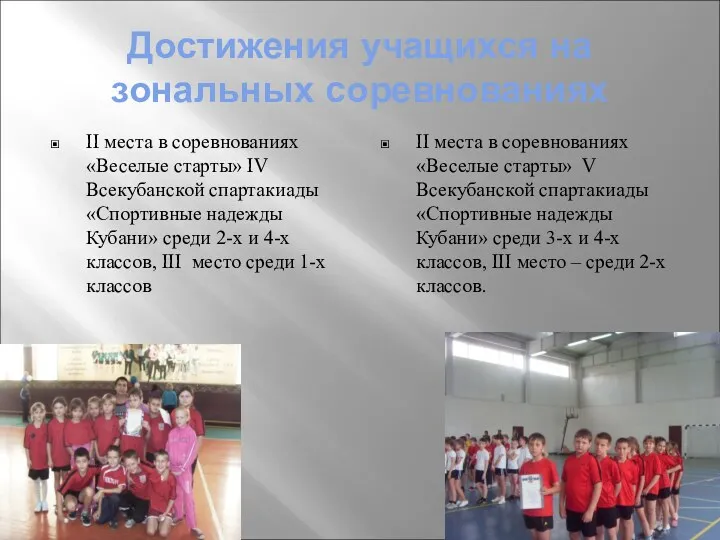 Достижения учащихся на зональных соревнованиях II места в соревнованиях «Веселые