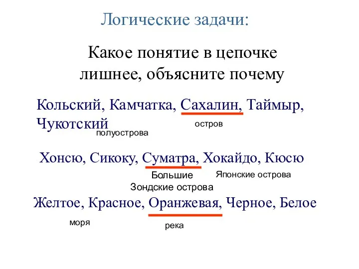 Логические задачи: Какое понятие в цепочке лишнее, объясните почему Кольский,