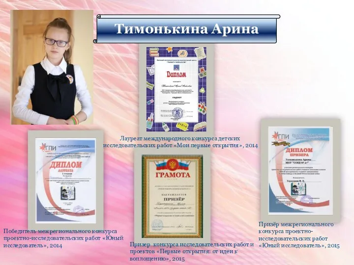 Тимонькина Арина Лауреат международного конкурса детских исследовательских работ «Мои первые
