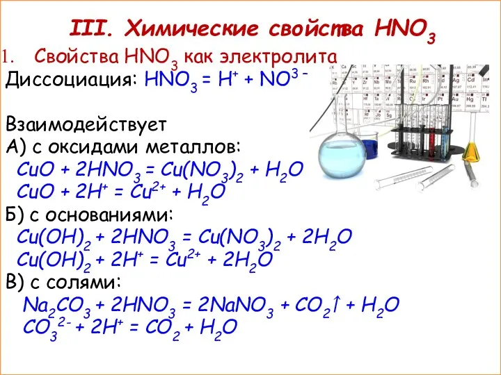 III. Химические свойства HNO3 Свойства HNO3 как электролита Диссоциация: HNO3