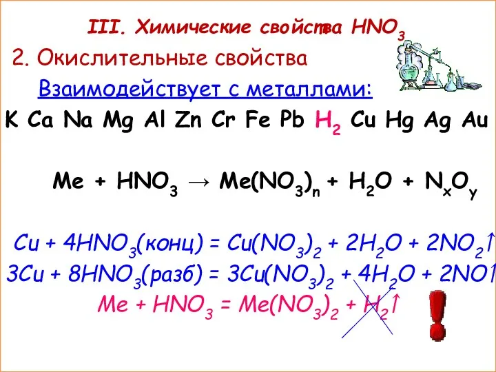 III. Химические свойства HNO3 2. Окислительные свойства Взаимодействует с металлами: