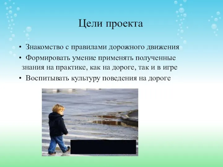 Цели проекта Знакомство с правилами дорожного движения Формировать умение применять