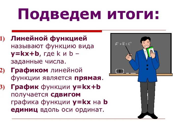 Подведем итоги: Линейной функцией называют функцию вида y=kx+b, где k