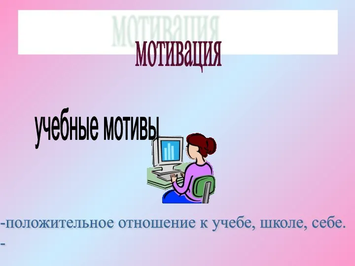 мотивация учебные мотивы -положительное отношение к учебе, школе, себе. -