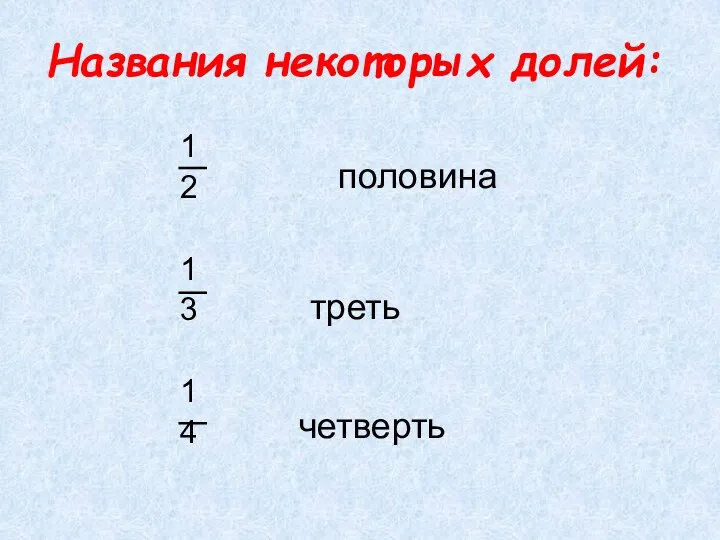 Названия некоторых долей: 1 2 1 3 1 4 половина треть четверть