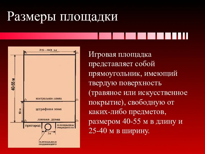 Игровая площадка представляет собой прямоугольник, имеющий твердую поверхность (травяное или искусственное покрытие), свободную