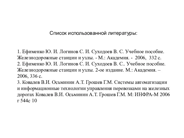 Список использованной литературы: 1. Ефименко Ю. И. Логинов С. И.