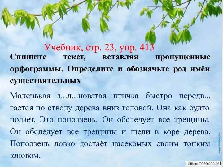 Учебник, стр. 23, упр. 413 Спишите текст, вставляя пропущенные орфограммы.