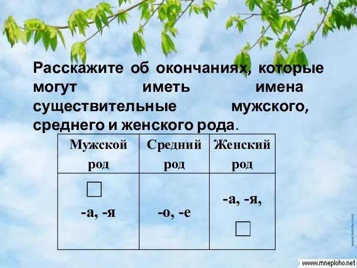 Расскажите об окончаниях, которые могут иметь имена существительные мужского, среднего и женского рода.