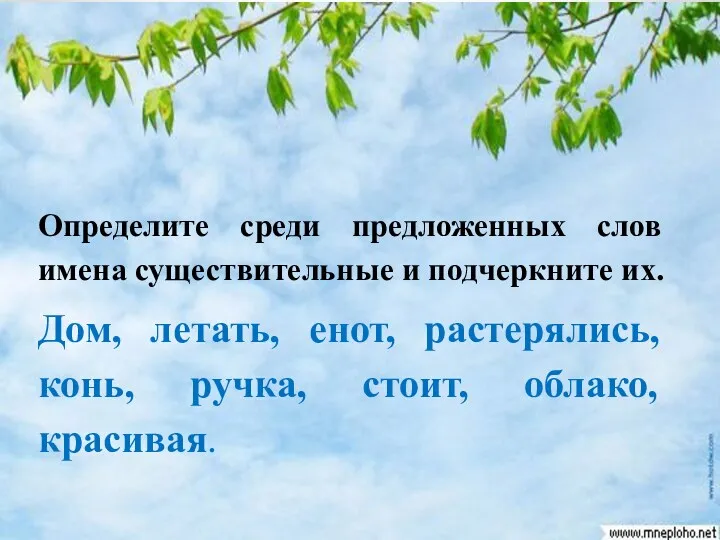 Определите среди предложенных слов имена существительные и подчеркните их. Дом,