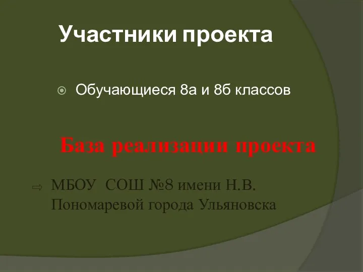 Участники проекта Обучающиеся 8а и 8б классов База реализации проекта