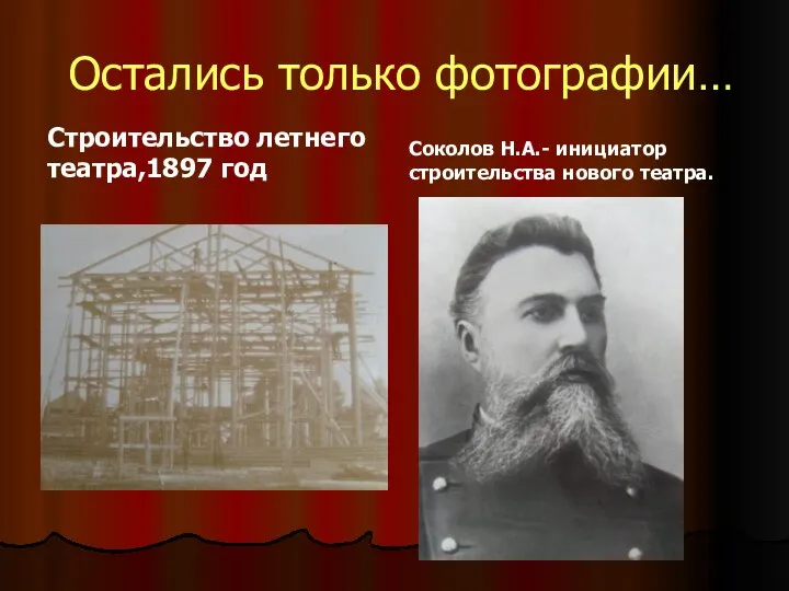 Остались только фотографии… Строительство летнего театра,1897 год Соколов Н.А.- инициатор строительства нового театра.