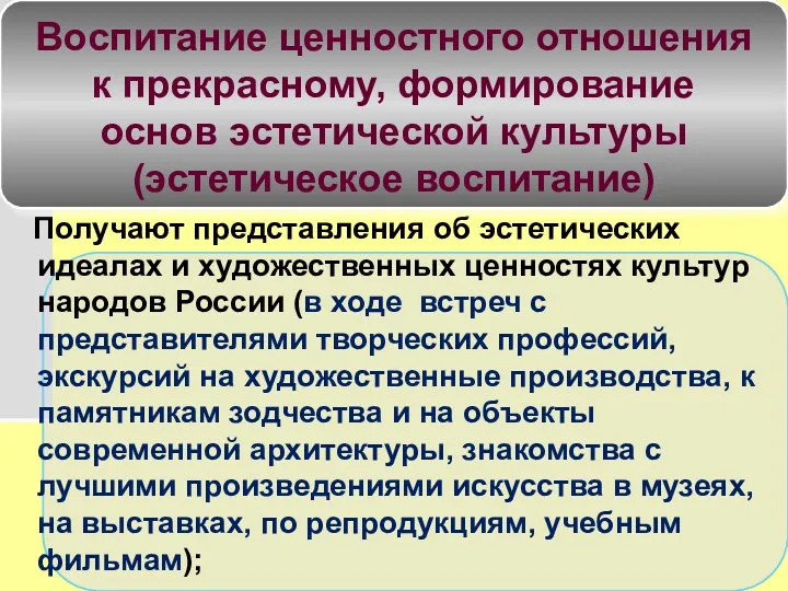 Получают представления об эстетических идеалах и художественных ценностях культур народов