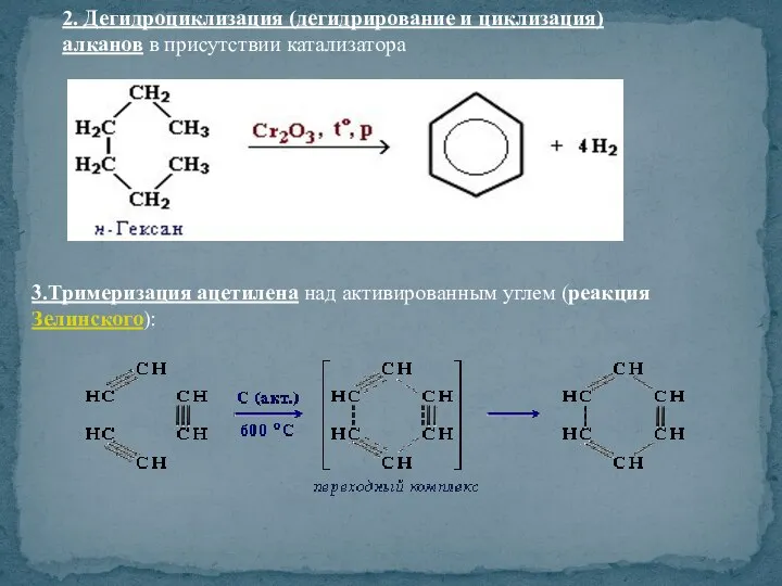 2. Дегидроциклизация (дегидрирование и циклизация) алканов в присутствии катализатора 3.Тримеризация ацетилена над активированным углем (реакция Зелинского):