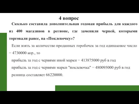 Сколько составила дополнительная годовая прибыль для каждого из 400 магазинов