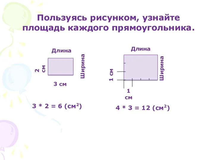 Пользуясь рисунком, узнайте площадь каждого прямоугольника. 3 см Длина Ширина