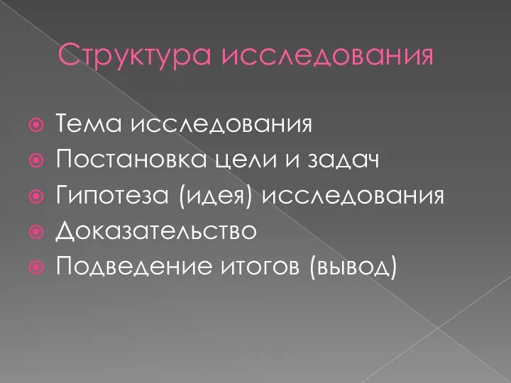 Структура исследования Тема исследования Постановка цели и задач Гипотеза (идея) исследования Доказательство Подведение итогов (вывод)