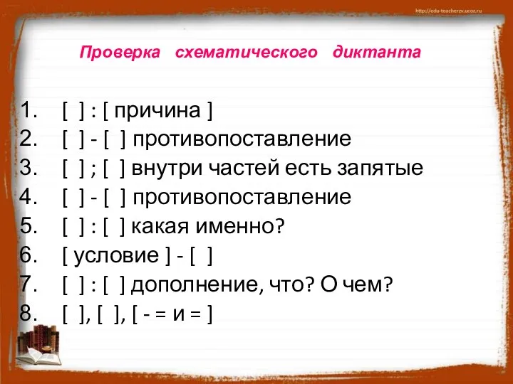 Проверка схематического диктанта Проверка схематического диктанта [ ] : [