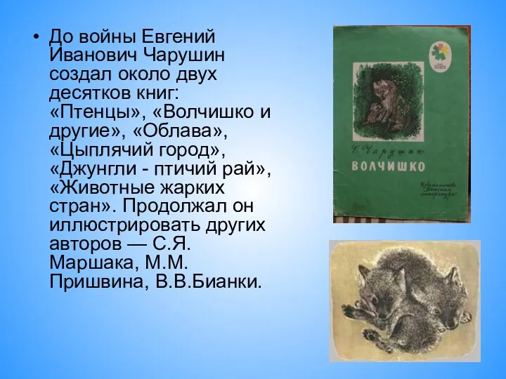 До войны Евгений Иванович Чарушин создал около двух десятков книг: