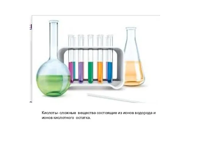 Кислоты- сложные вещества состоящие из ионов водорода и ионов кислотного остатка.
