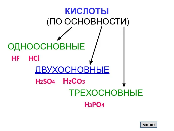 КИСЛОТЫ (ПО ОСНОВНОСТИ) ОДНООСНОВНЫЕ HF HCl ДВУХОСНОВНЫЕ H2SO4 Н2СO3 ТРЕХОСНОВНЫЕ H3PO4 меню