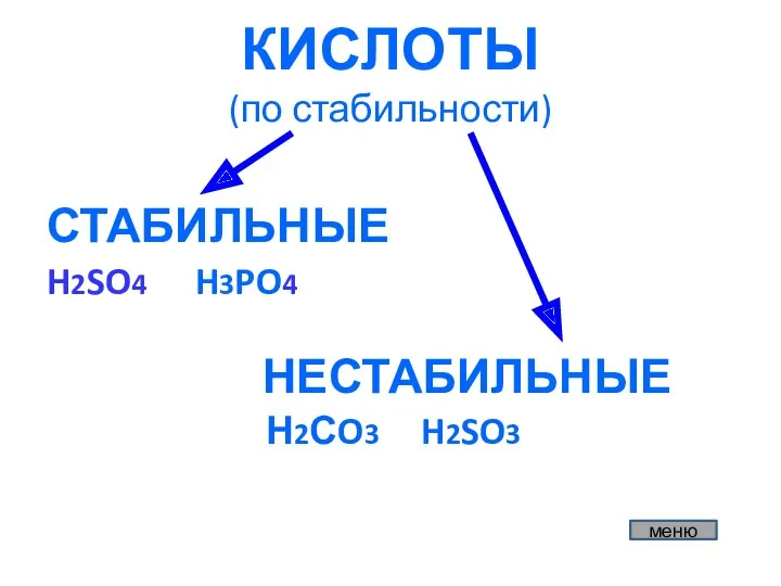 КИСЛОТЫ (по стабильности) СТАБИЛЬНЫЕ H2SO4 H3PO4 НЕСТАБИЛЬНЫЕ Н2СO3 H2SO3 меню