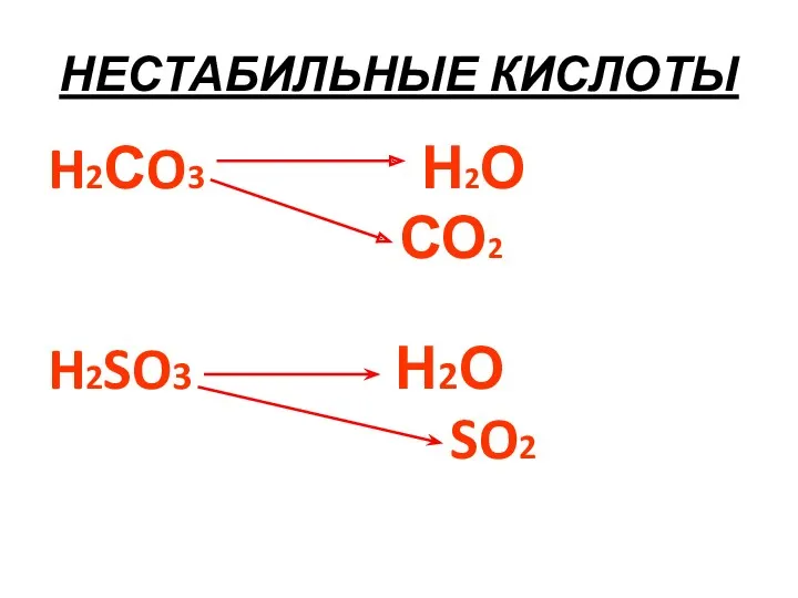 НЕСТАБИЛЬНЫЕ КИСЛОТЫ H2СO3 Н2О СО2 H2SO3 Н2О SO2