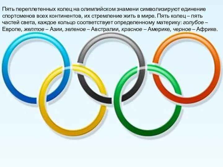 Пять переплетенных колец на олимпийском знамени символизируют единение спортсменов всех