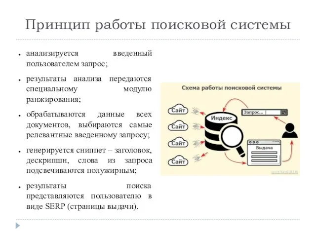 Принцип работы поисковой системы анализируется введенный пользователем запрос; результаты анализа