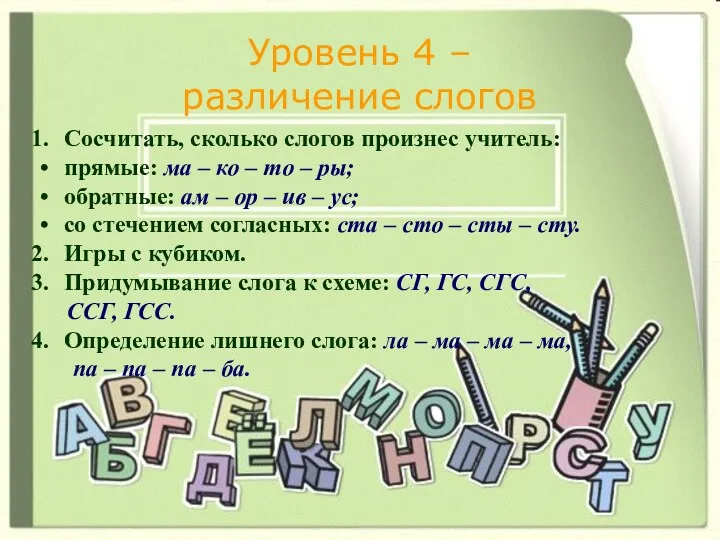 Уровень 4 – различение слогов Сосчитать, сколько слогов произнес учитель: