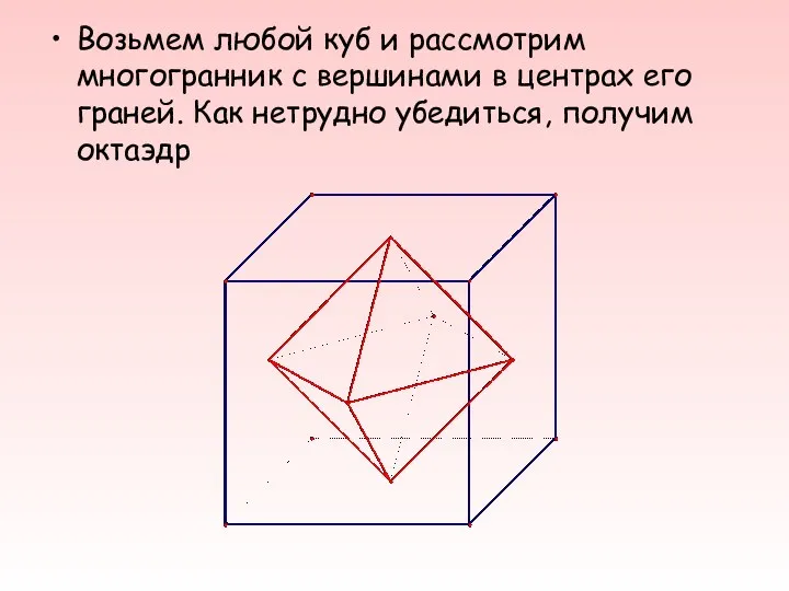 Возьмем любой куб и рассмотрим многогранник с вершинами в центрах