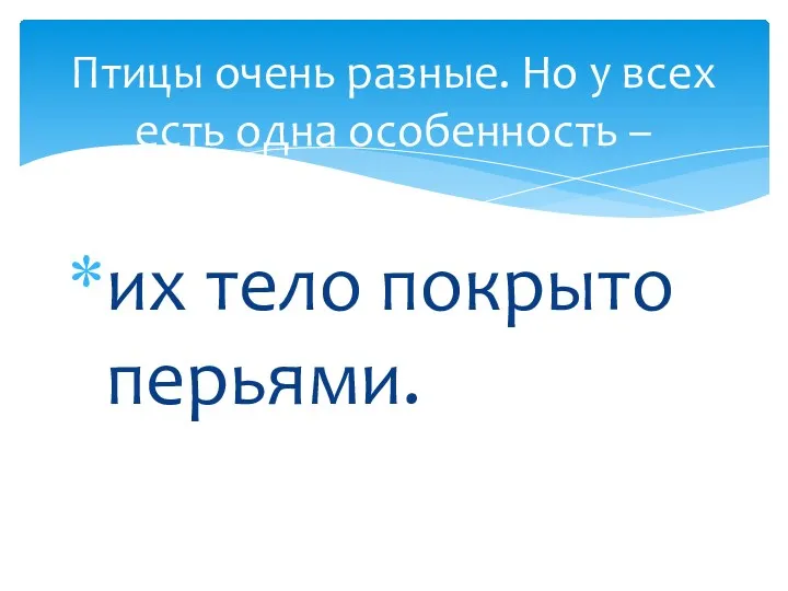 их тело покрыто перьями. Птицы очень разные. Но у всех есть одна особенность –