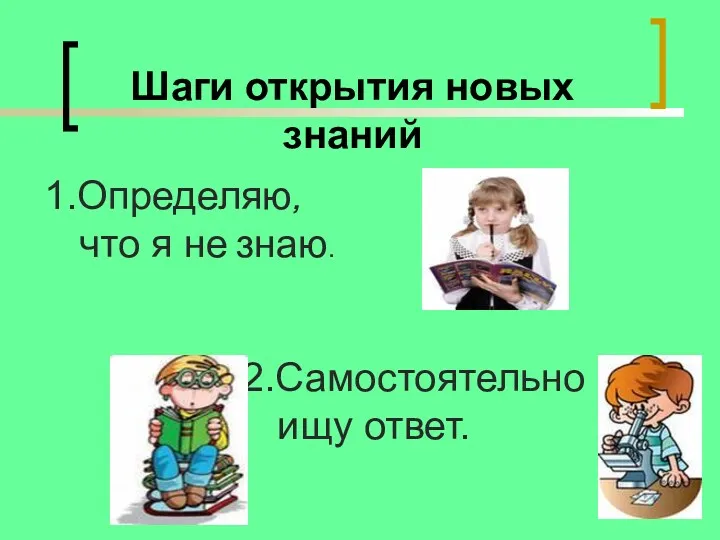 Шаги открытия новых знаний 1.Определяю, что я не знаю. 2.Самостоятельно ищу ответ.