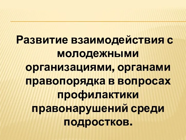 Развитие взаимодействия с молодежными организациями, органами правопорядка в вопросах профилактики правонарушений среди подростков.