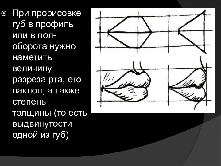 При прорисовке губ в профиль или в пол-оборота нужно наметить