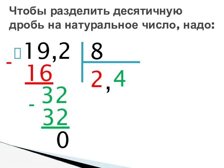 19,2 Чтобы разделить десятичную дробь на натуральное число, надо: 8