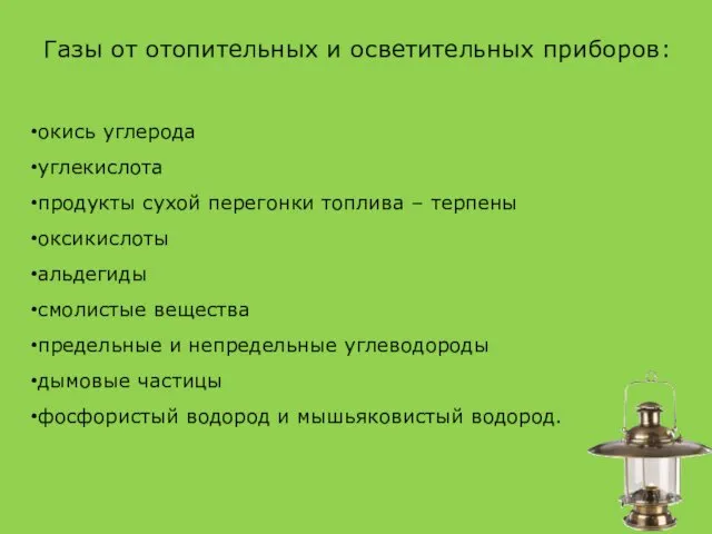 Газы от отопительных и осветительных приборов: окись углерода углекислота продукты