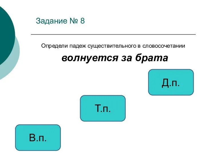 Задание № 8 Определи падеж существительного в словосочетании волнуется за брата В.п. Т.п. Д.п.