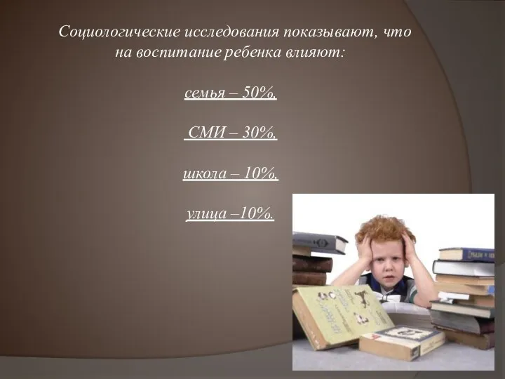 Социологические исследования показывают, что на воспитание ребенка влияют: семья –