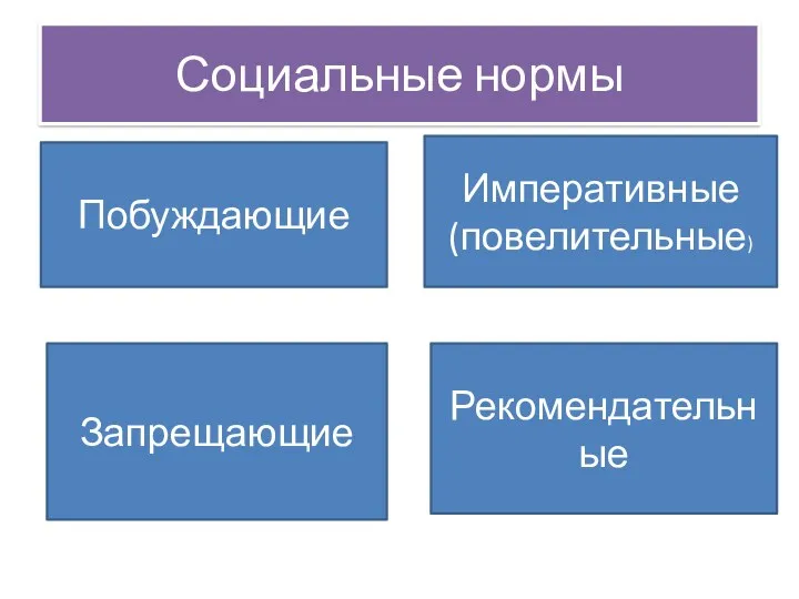 Социальные нормы Побуждающие Запрещающие Императивные (повелительные) Рекомендательные