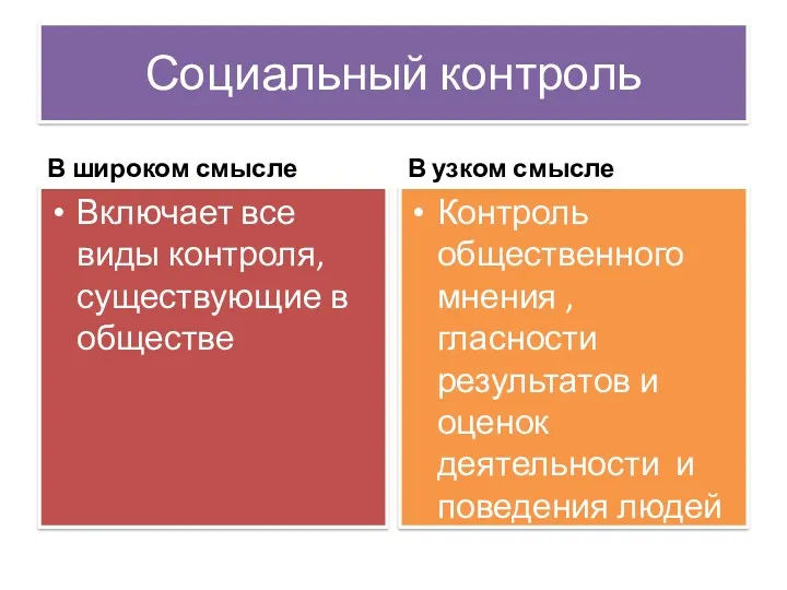 Социальный контроль В широком смысле Включает все виды контроля, существующие