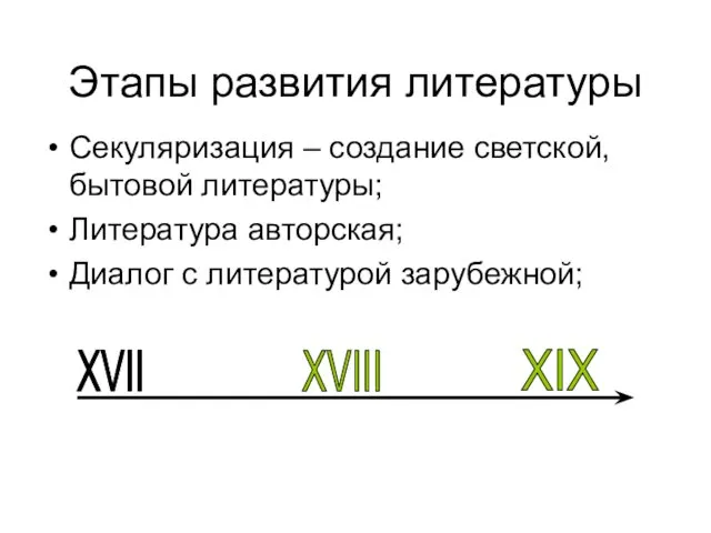 Этапы развития литературы XVII XVIII XIX Секуляризация – создание светской,