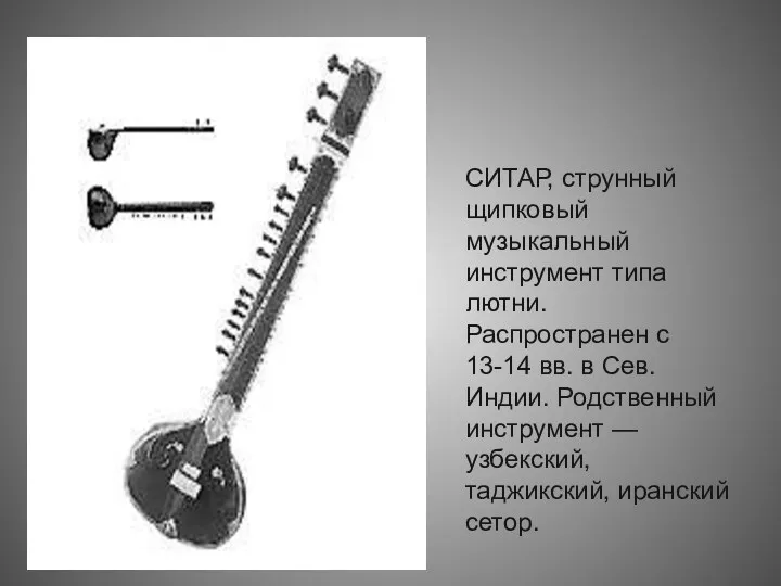 СИТАР, струнный щипковый музыкальный инструмент типа лютни. Распространен с 13-14