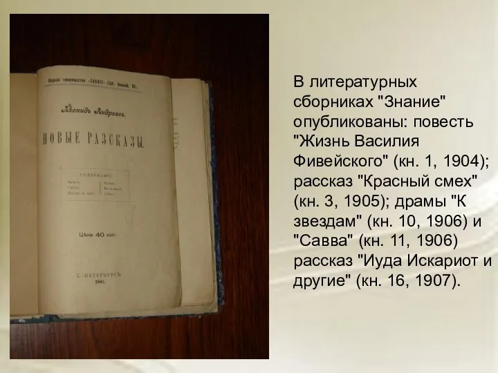 В литературных сборниках "Знание" опубликованы: повесть "Жизнь Василия Фивейского" (кн.